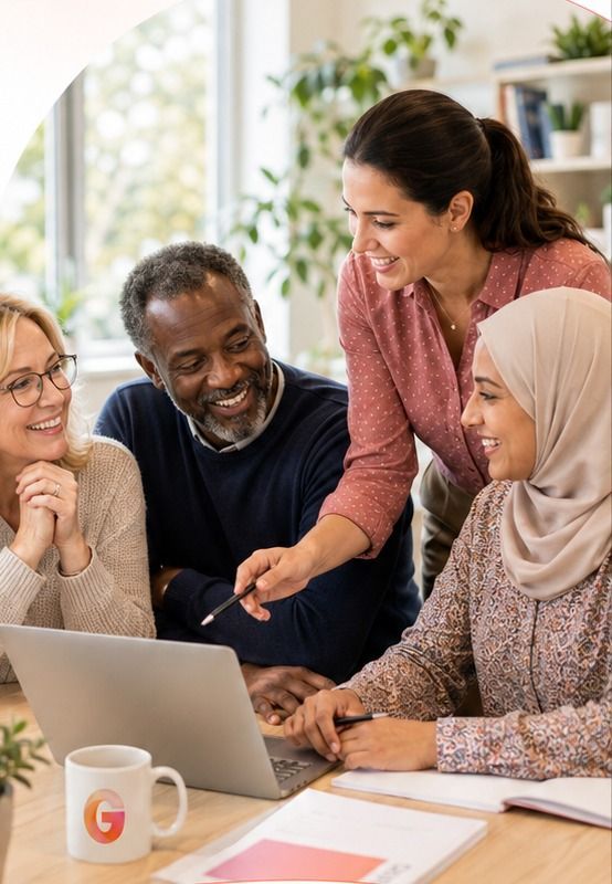 Global Study Trainer adviser supporting a group of mature students